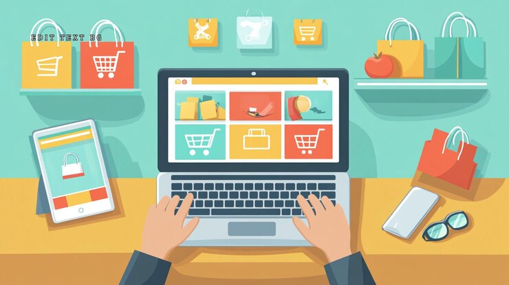 PSD compras en línea en computadora portátil, tableta y teléfono con bolsas de compras
