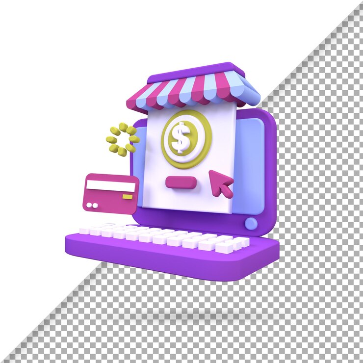 PSD compras en línea con ilustración de computadora portátil para concepto de idea de negocio aislado en fondo colorido 3drender