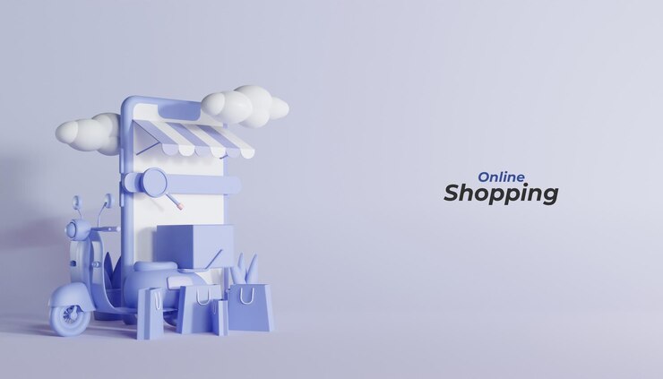 PSD compras en línea en la ilustración móvil con scooter 3d render