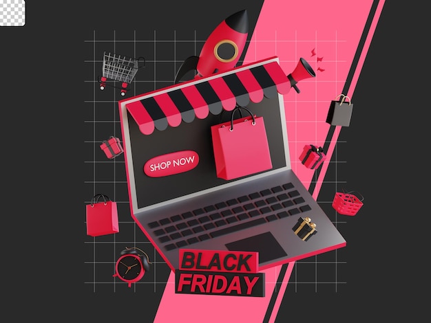 PSD compras en línea de ilustración de viernes negro 3d con cohete portátil y bolsa de compras