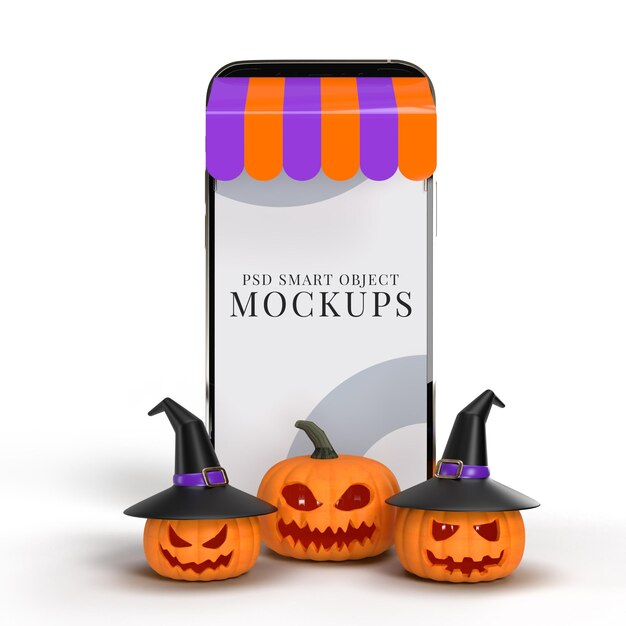 Compras en línea con maquetas de teléfonos inteligentes y elementos conceptuales de halloween. diseña concepto de marketing online