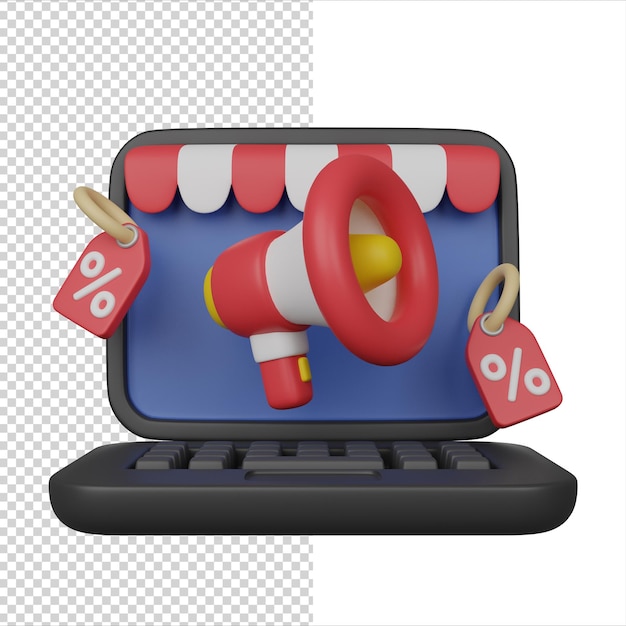 Compras en línea portátil con megáfono y cupones de descuento icono de renderizado 3D