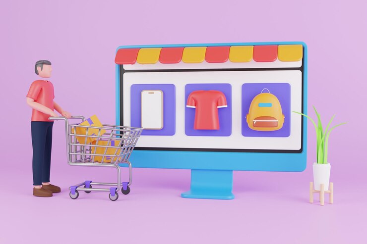 PSD compras en línea en el sitio web o en la aplicación móvil compresas en línea en la web ilustración en 3d