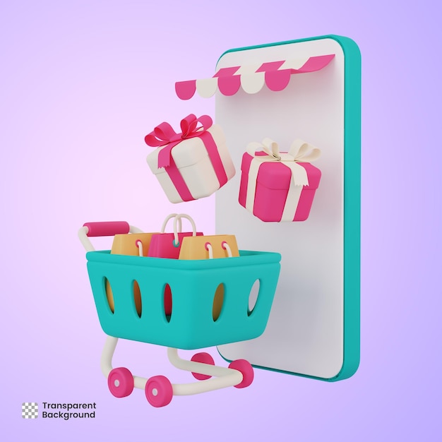 Compras en línea en smarthphone ilustración 3d