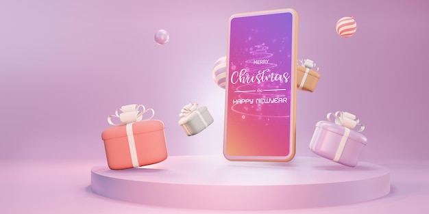 Compras en línea con Smartphone. Marketing y marketing digital, caja regalo navideña, pelotas, publicidad social, ilustración 3d