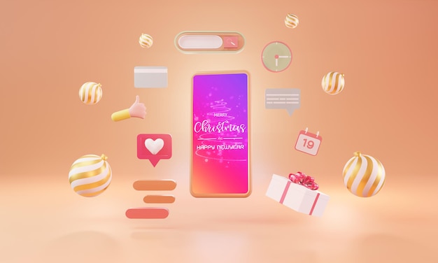 Compras en línea con smartphone. marketing y marketing digital, caja regalo navideña, pelotas, publicidad social, ilustración 3d