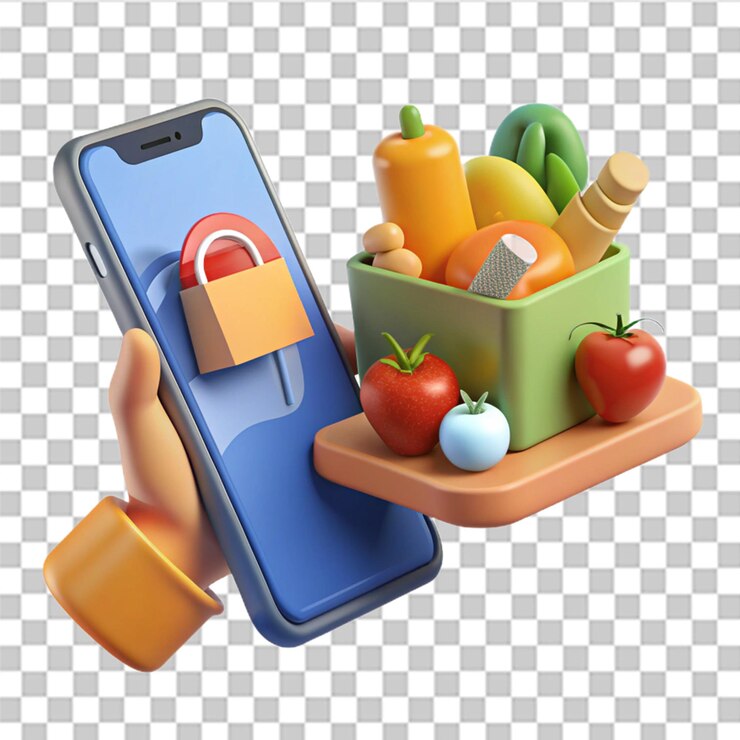 PSD compras en línea desde el teléfono inteligente cuarentena concepto de entrega de productos en línea ordenar por teléfono comprar en casa aplicación en teléfono móvil supermercado comida permanecer en casa ilustración vectorial en estilo plano