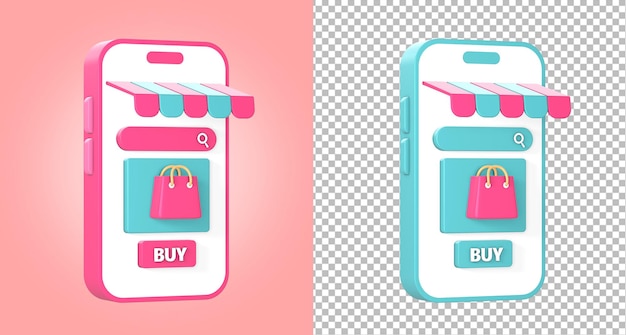 PSD compras on-line 3d usando smartphone com ilustração de ícone de bolsa de compras