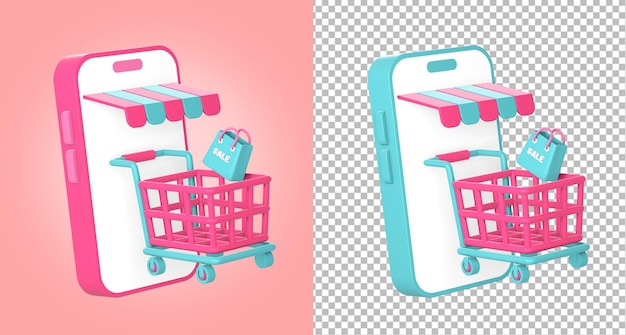 PSD compras on-line 3d usando smartphone com ilustração de ícone de carrinho de compras ou carrinho