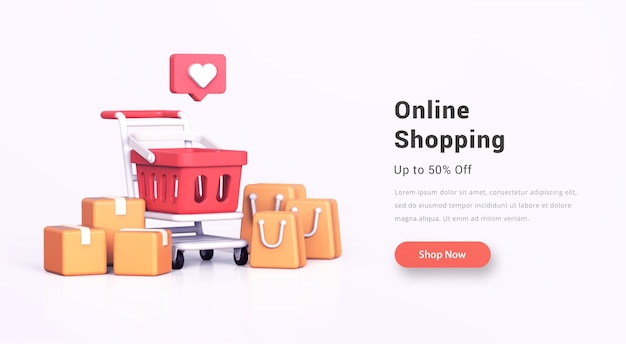 Compras on-line com mapa realista de sacolas de compras de carrinho de compras 3d e ícone semelhante