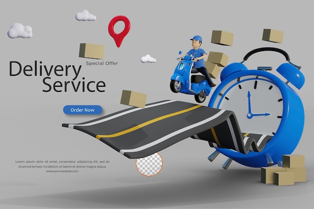 Compras on-line e transporte rápido por scooter na hora do despertador renderização em 3d de comércio eletrônico