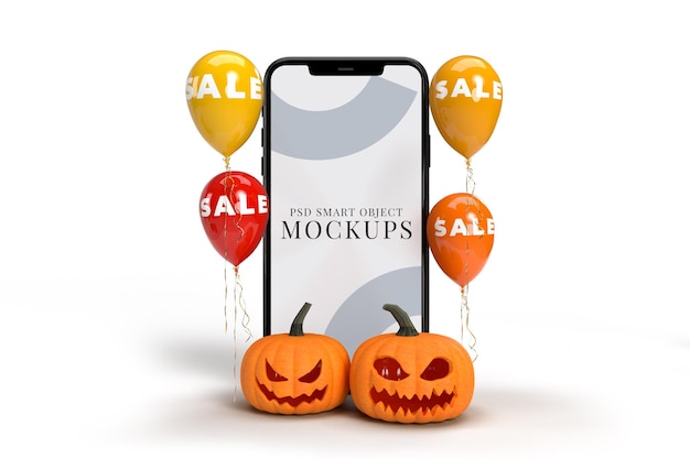 Compras online com maquetes de smartphone e elementos do conceito de halloween.