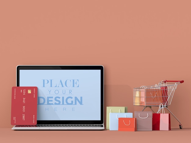 Compras online com modelo de maquete de laptop e elementos de compras