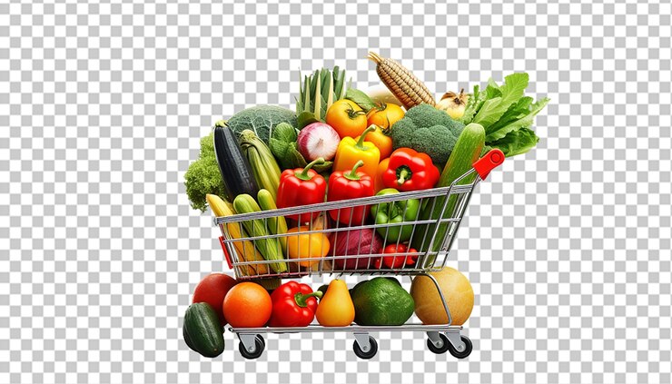 PSD compras de verduras concepto realista con carrito de compras y mercancías