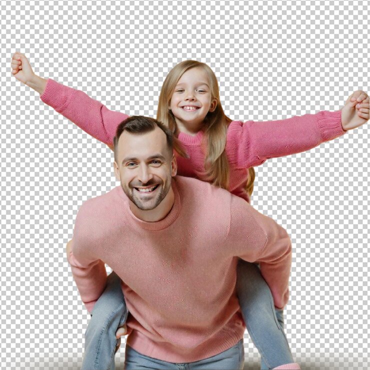PSD comprimento completo de pais jovens engraçados mãe pai com filho filho isolado em fundo transparente
