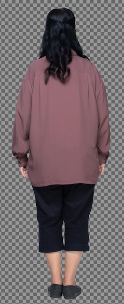 Comprimento total de 60s 70s mulher asiática idosa cabelo preto camisa roxa, stand e gordo inteligente, isolado. avó sênior em pé e vira a vista traseira do lado traseiro da frente sobre o fundo branco