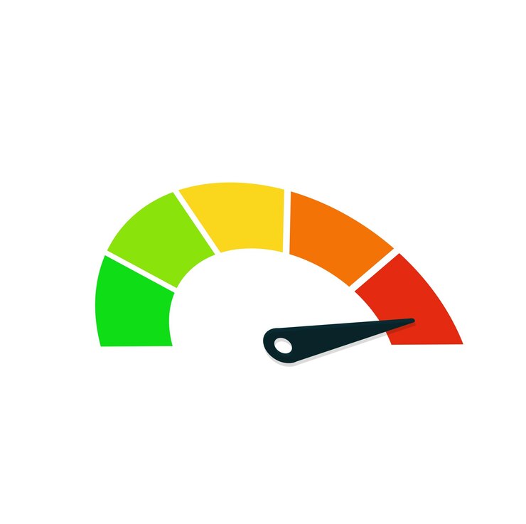 PSD compteur de performance coloré avec pointeur dans la zone rouge isolé sur fond blanc