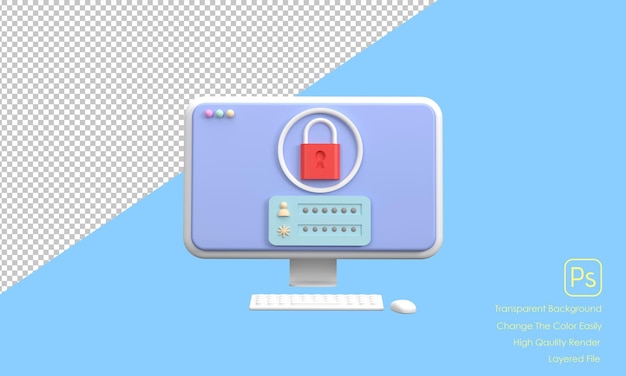 Computador 3D com página de login na tela Página de registro