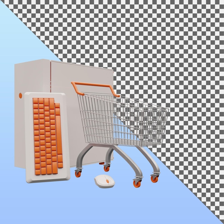 PSD computador com teclado, mouse e carrinho de supermercado