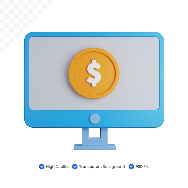 computador de renderização 3D com moedas de dólar isoladas