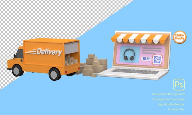 PSD computador portátil 3d com tela de código qr compra e caminhão de entrega conceito compras on-line