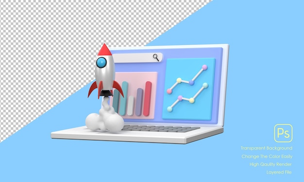 Computador portátil 3D mostrando um gráfico de negócios Um foguete subiu no céu Conceito de inicialização