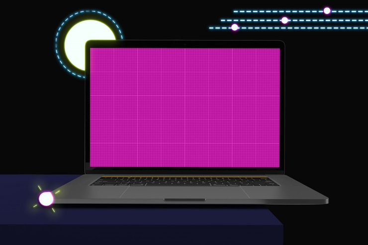 PSD computador portátil com tela de maquete, estilo memphis
