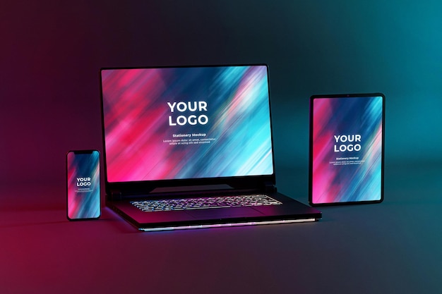 Computador portátil para jogos e teclado Mockup led rgb do tablet