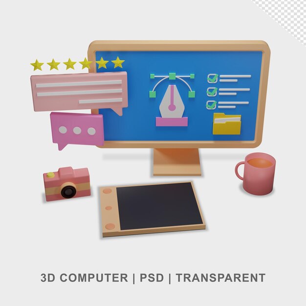 Computadora 3D escritorio con cámara paquete de tableta transparente sin fondo