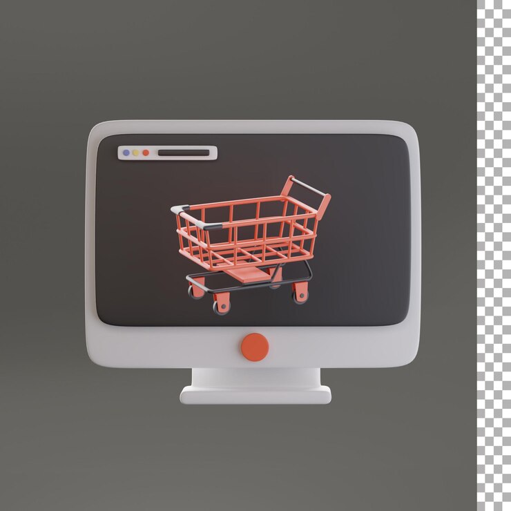 PSD computadora, con, carro de compras, 3d, icono