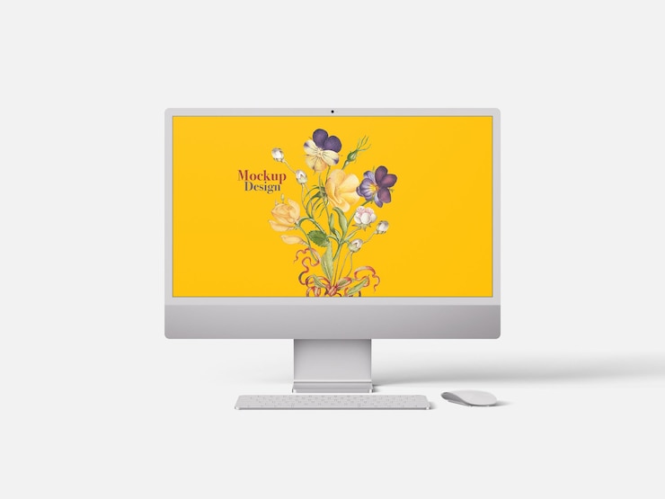 PSD computadora de escritorio con una maqueta de fondo floral
