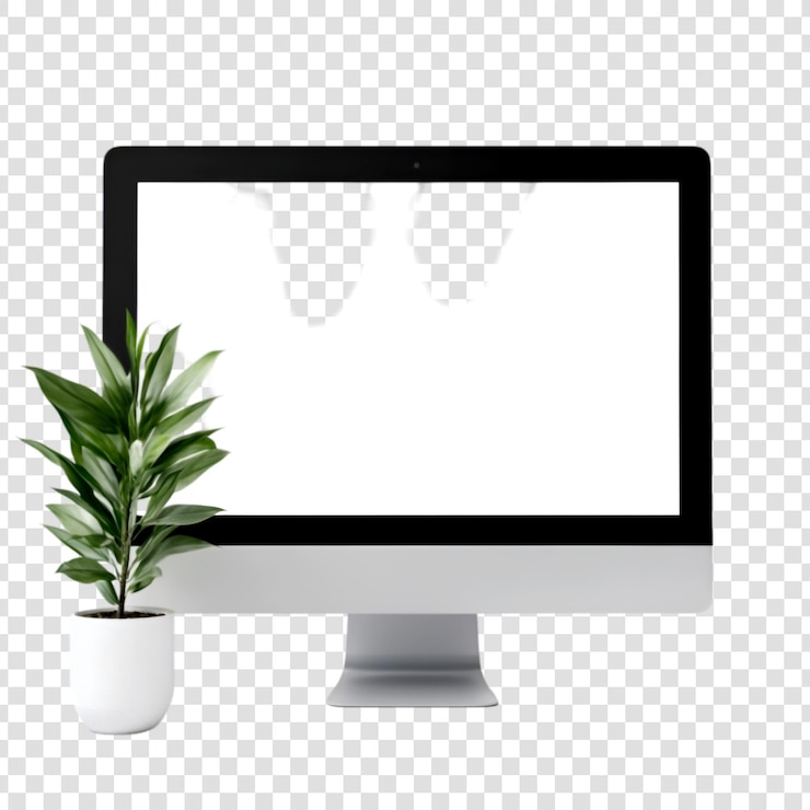 PSD computadora de escritorio moderna con pantalla en blanco y planta