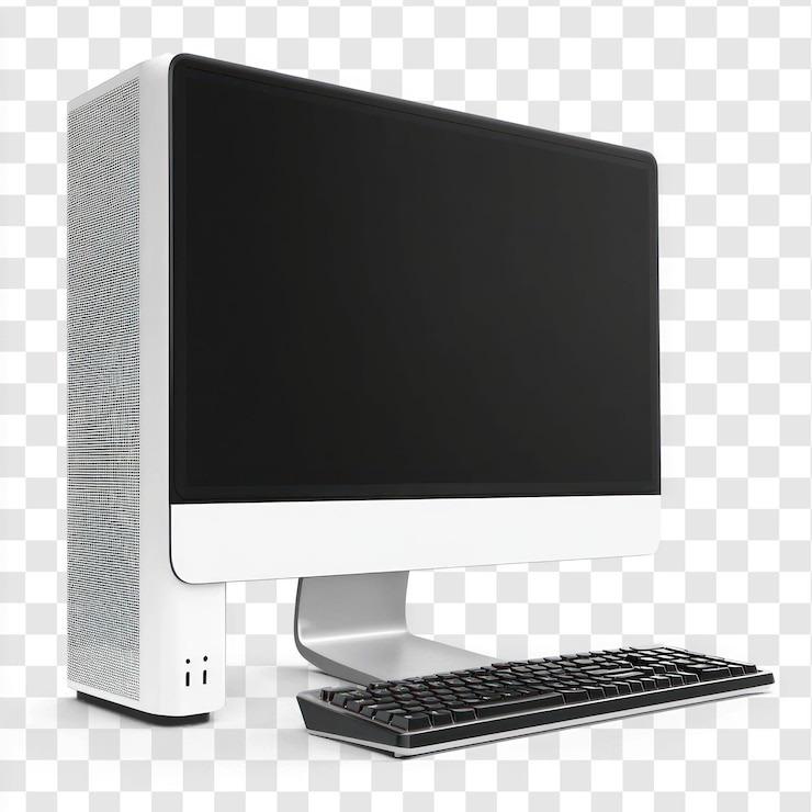 PSD computadora de escritorio con una torre elegante y un monitor aislado sobre un fondo transparente