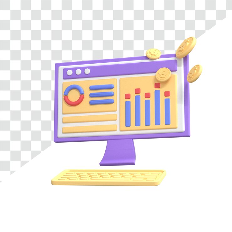 PSD una computadora con un gráfico en la pantalla y monedas en la pantalla.