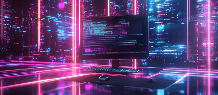PSD una computadora iluminada con neón muestra código dentro de una sala de servidores digitales futuristas