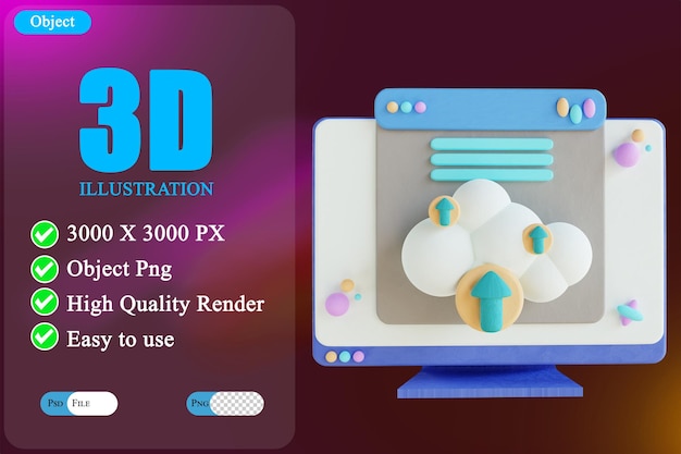 Computadora de ilustración 3d y carga en la nube