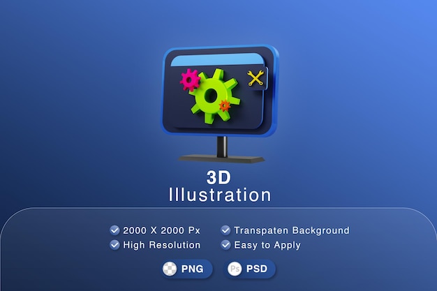 Computadora de ilustración 3d con icono de configuración y llave para arreglar la computadora