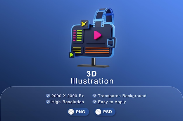 PSD computadora de ilustración 3d con proceso de configuración de edición de video