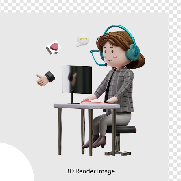 Computadora de juego de servicio al cliente femenino de ilustración 3d
