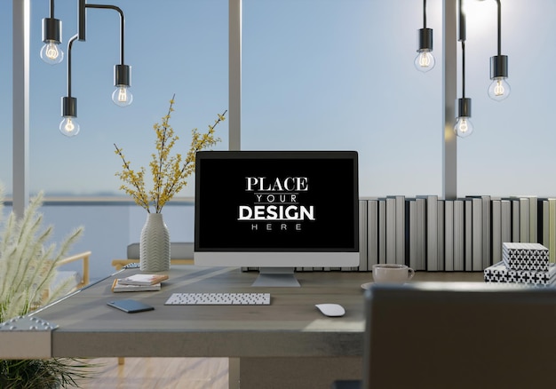 PSD computadora en la mesa en el espacio de trabajo mockup