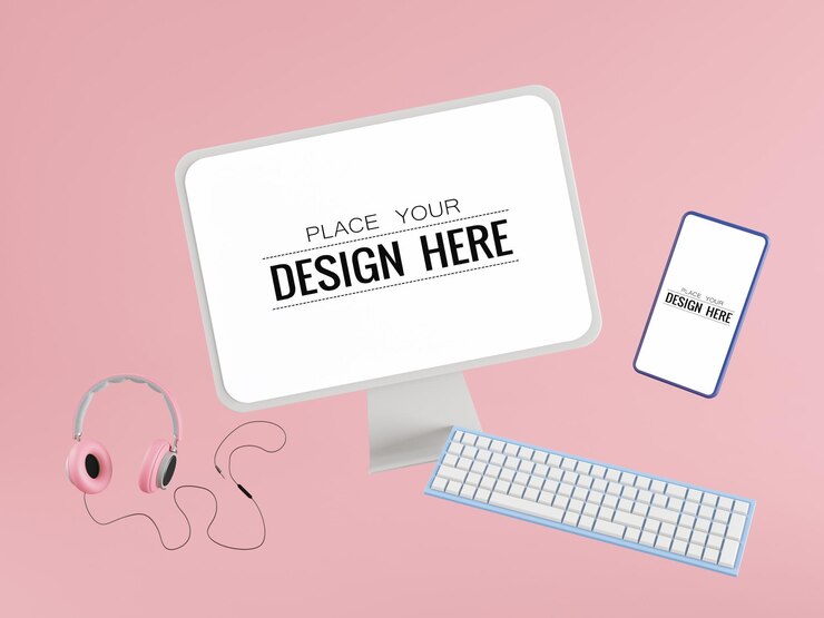 PSD computadora de pantalla en blanco con teléfono inteligente y auriculares