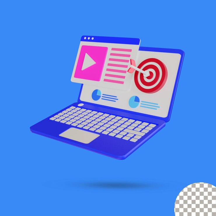 PSD computadora portátil 3d con ilustración 3d de marketing digital