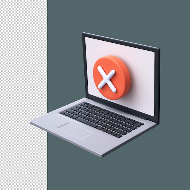 Computadora portátil 3d y signo x computadora portátil con error de signo cruzado o cancelar en la pantalla del monitor
