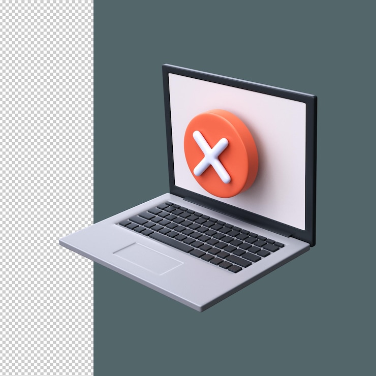 PSD computadora portátil 3d y signo x computadora portátil con error de signo cruzado o cancelar en la pantalla del monitor