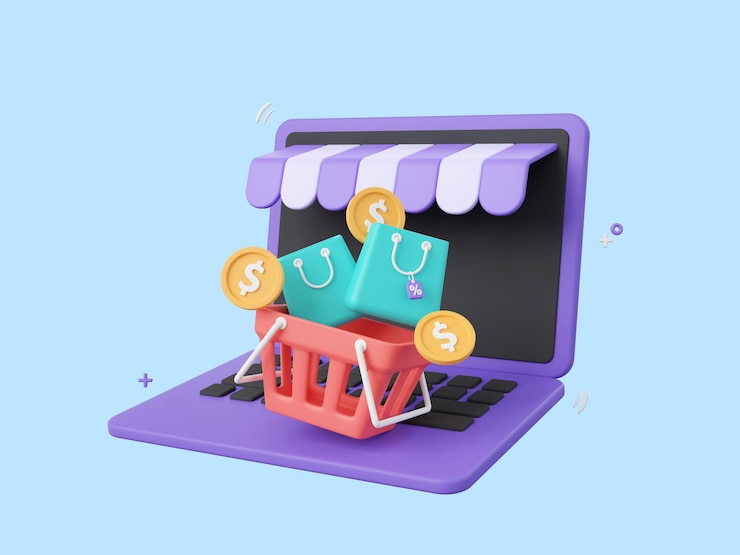 Computadora portátil con cesta de compras y bolsas de compras Concepto de compras en línea