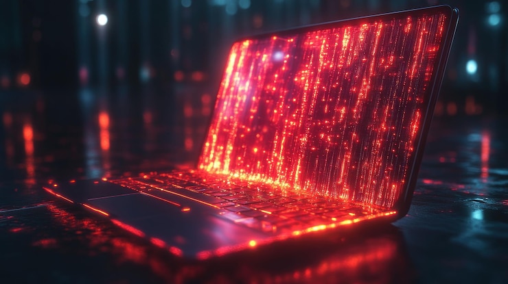 PSD una computadora portátil futurista con una pantalla que muestra un código rojo digital contra un fondo abstracto oscuro