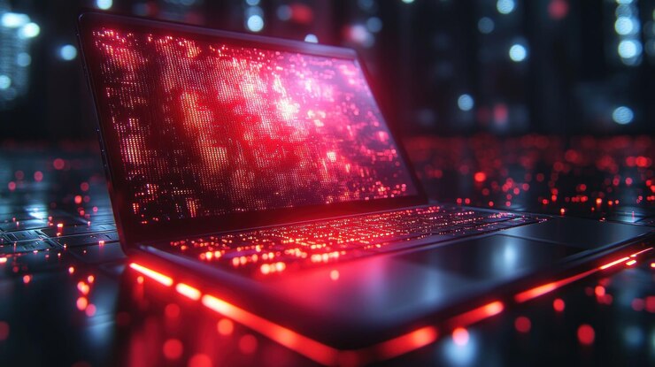 PSD una computadora portátil negra con un resplandor rojo que emana del teclado y la pantalla la pantalla muestra un fondo abstracto digital