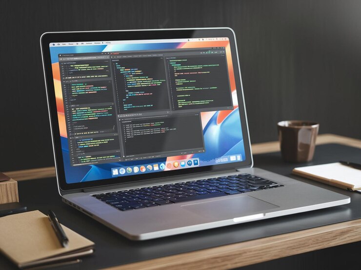 PSD una computadora portátil con la palabra código en la pantalla