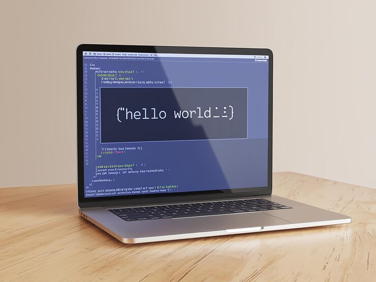 PSD una computadora portátil con la palabra hola en la pantalla