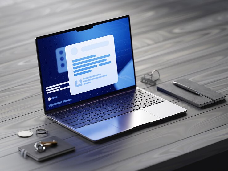 PSD una computadora portátil con una pantalla azul que dice navegador web en la pantalla